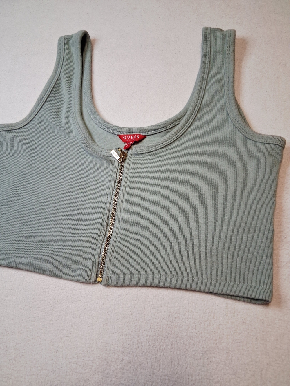 GUESS Sage Green Ribbed Zip-Front Crop Top - Picture 6 of 7